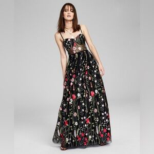 Black floral embroidered mesh floor length dress